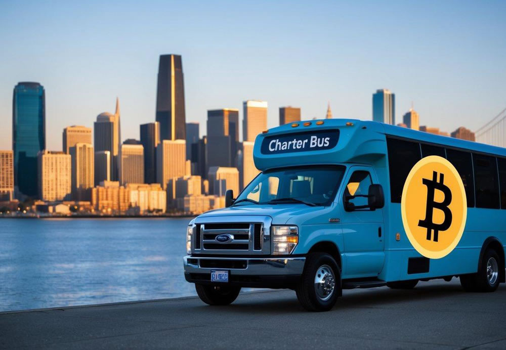 A charter bus parked in front of the San Francisco skyline, with a digital Bitcoin payment sign displayed on the side