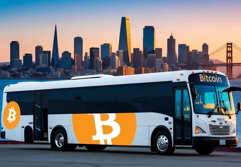 A charter bus parked in front of a San Francisco skyline, with a prominent Bitcoin logo displayed on the side, as passengers board and pay with cryptocurrency