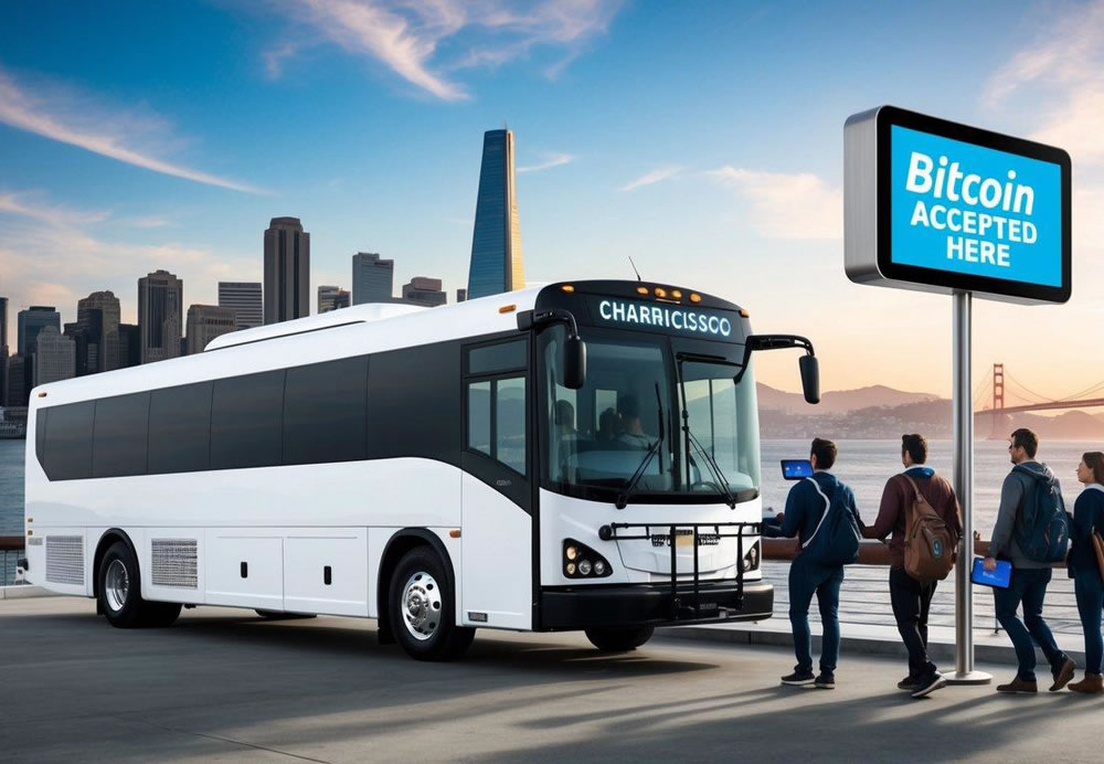 A San Francisco charter bus parked outside a futuristic cityscape, with a digital sign displaying Bitcoin Accepted Here and passengers boarding with digital wallets