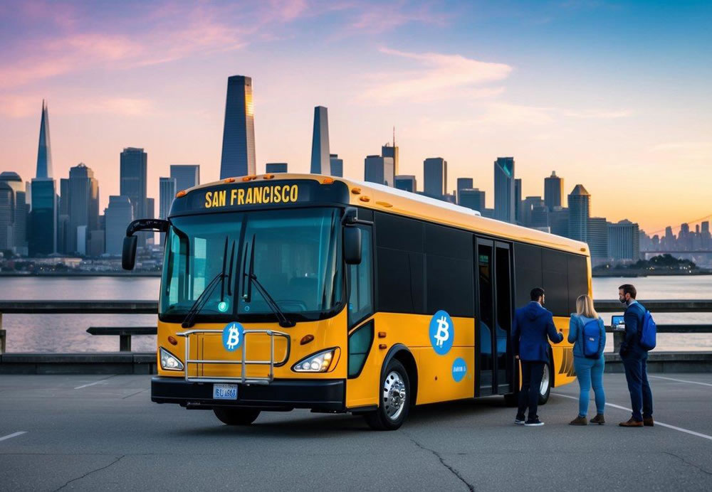 A San Francisco charter bus parked in front of a futuristic city skyline, with passengers boarding and paying with Bitcoin