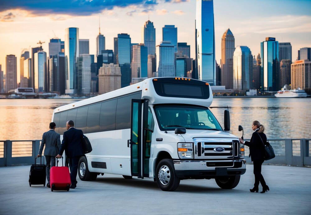 A charter bus parked in front of a bustling city skyline, with passengers boarding and luggage being loaded onto the vehicle