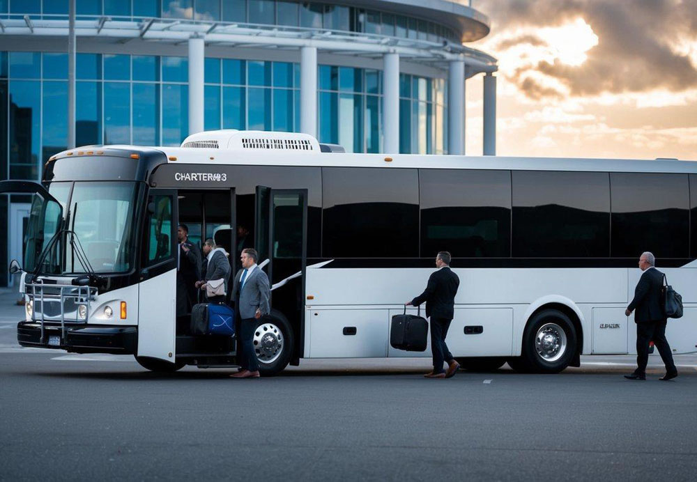 A charter bus parked in front of a convention center in San Francisco, with a group of people boarding and loading luggage
