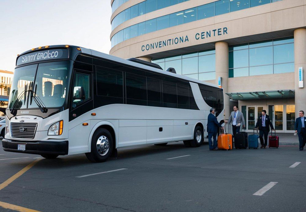 A charter bus parked in front of a convention center in San Francisco, with attendees boarding and unloading luggage