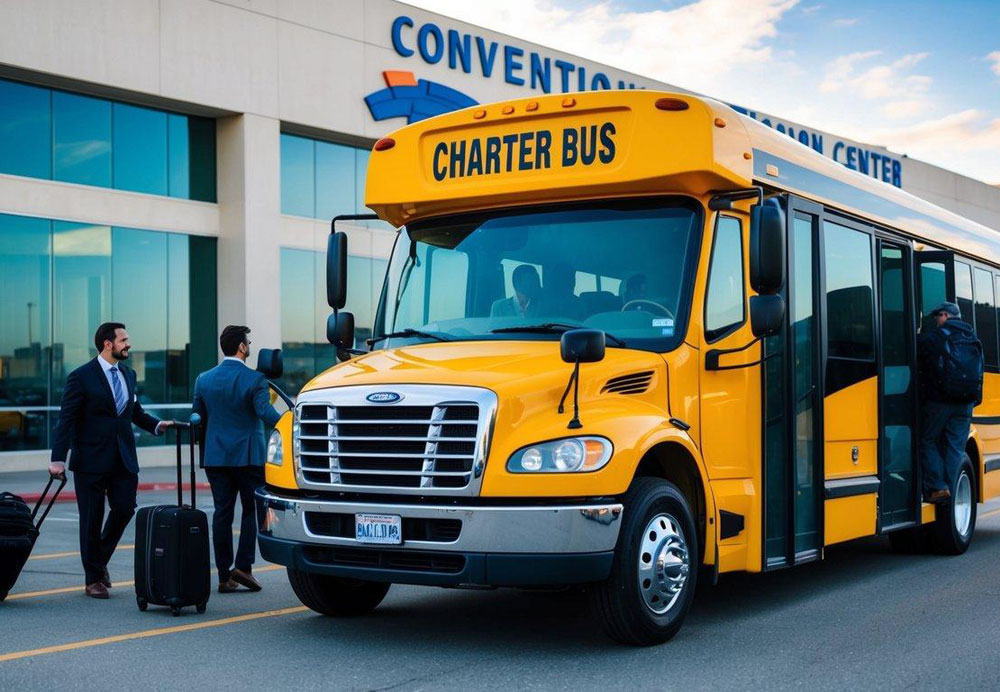 A charter bus parked outside a convention center in San Francisco, with people boarding and luggage being loaded