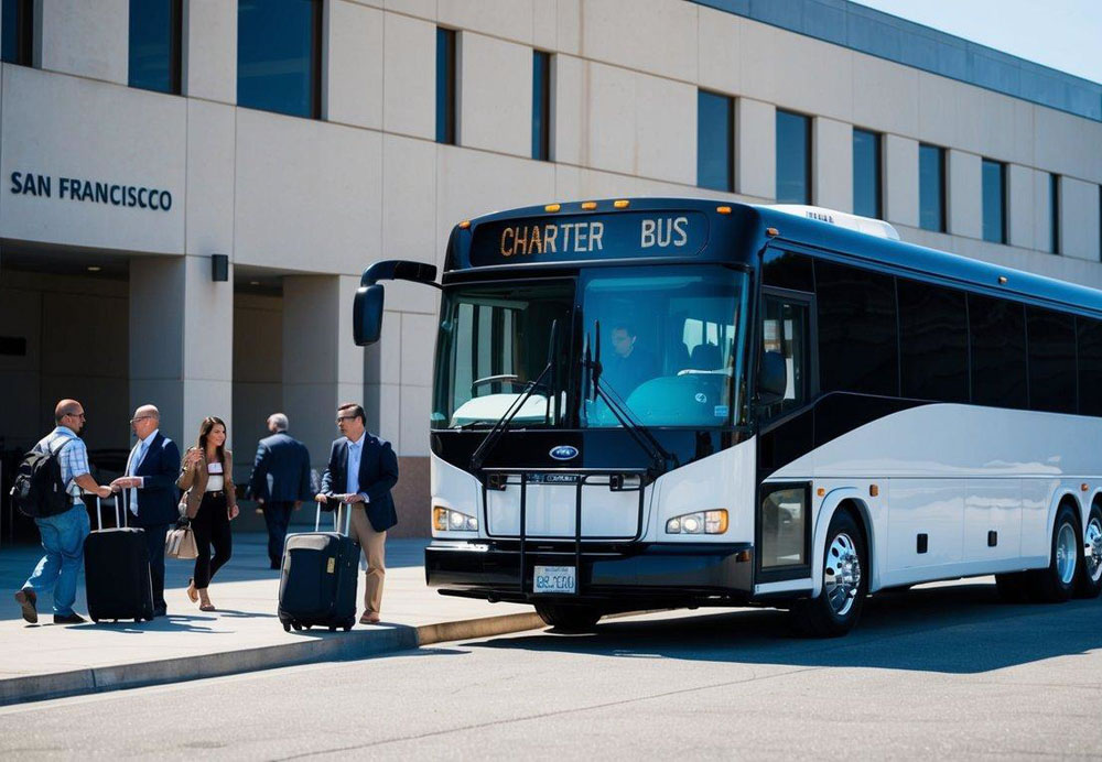 A charter bus parked outside a convention center in San Francisco, with attendees boarding and unloading luggage