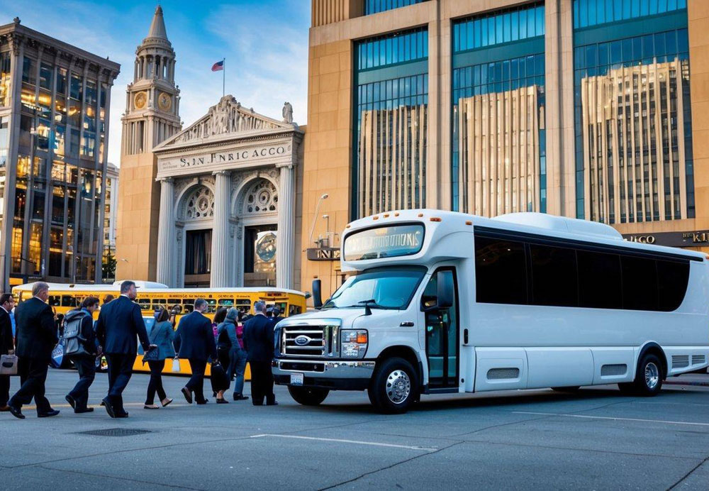 A charter bus parked in front of iconic San Francisco venues and destinations, with passengers boarding and unloading for conventions and events