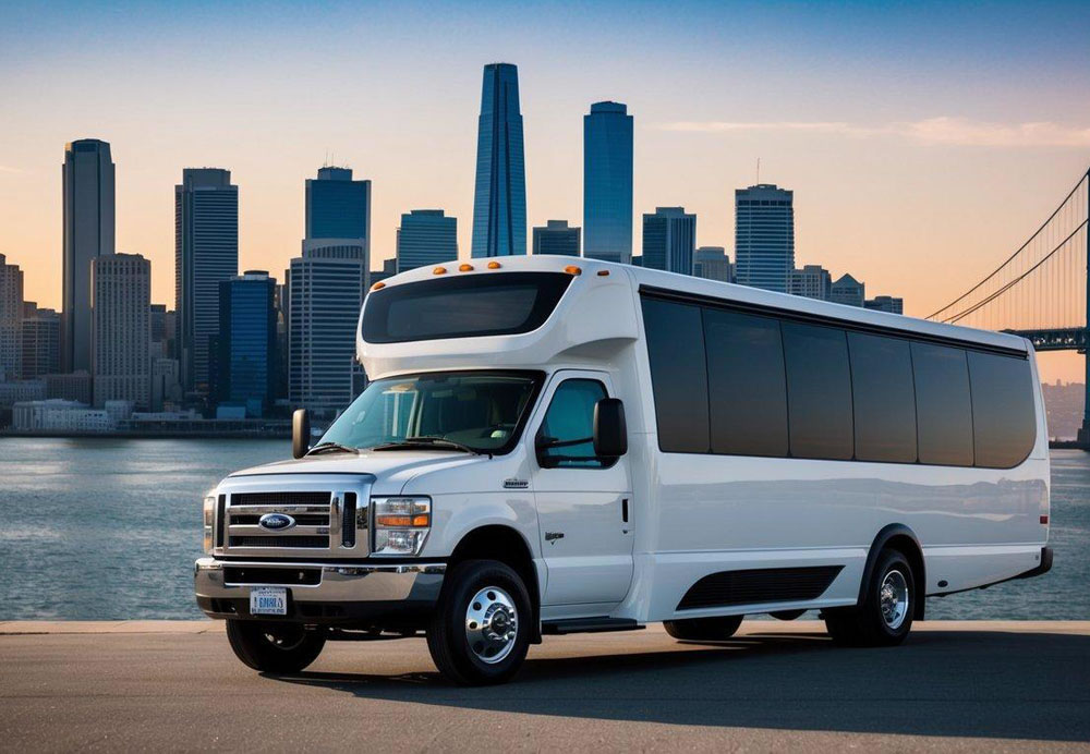A charter bus parked in front of the iconic San Francisco skyline, with spacious seating, modern amenities, and a sleek exterior design
