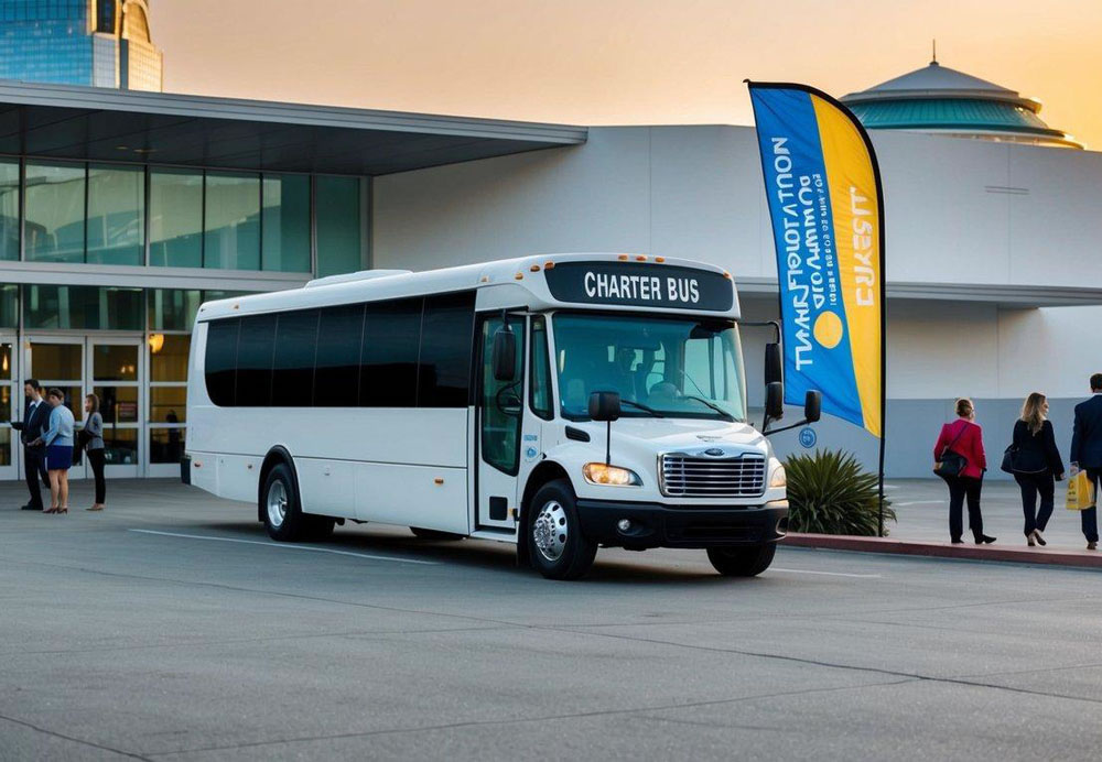 A charter bus parked outside a convention center in San Francisco, with people boarding and a banner advertising event transportation